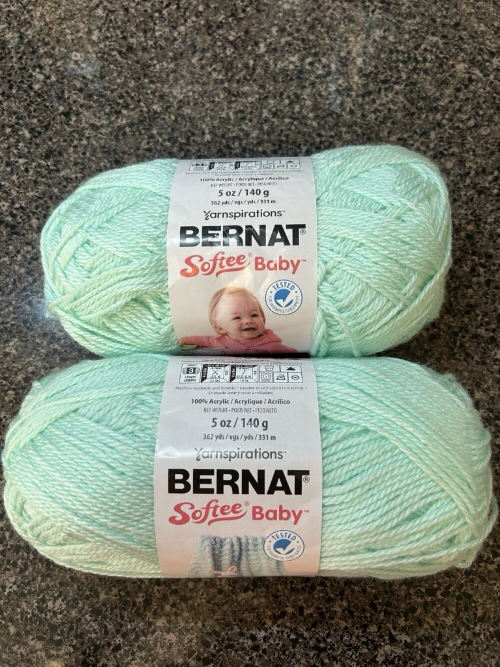 Bernat Softee Baby Yarn, 5 oz, 362 yds Lot of 2 Mint Green #3 Light